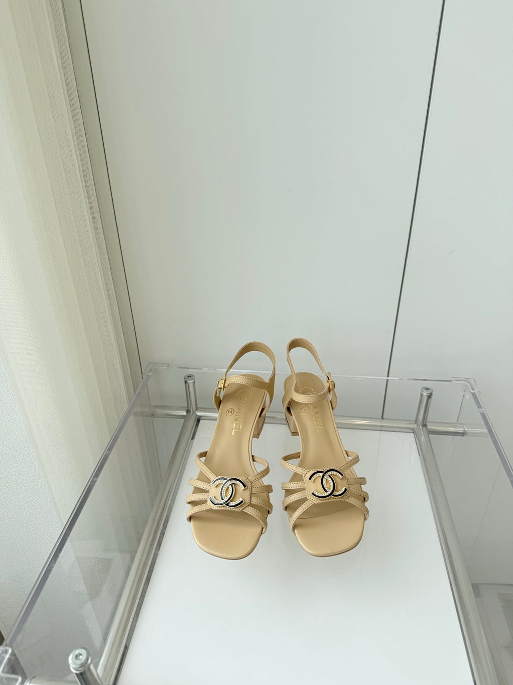 CHANEL MID HEEL SANDALS IN FLAX YELLOW LAMBSKIN