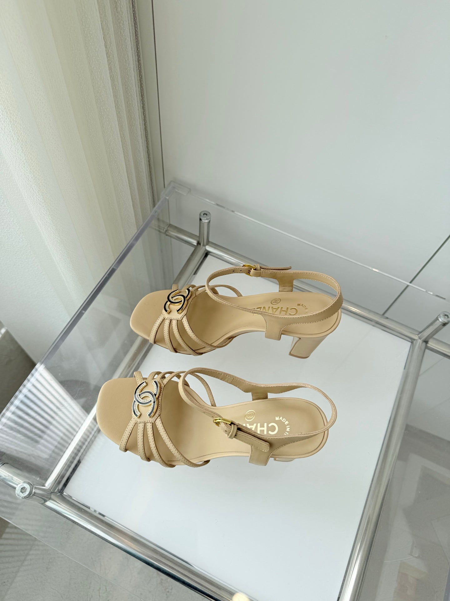 CHANEL HIGH HEEL SANDALS 85 MM IN FLAX YELLOW LAMBSKIN