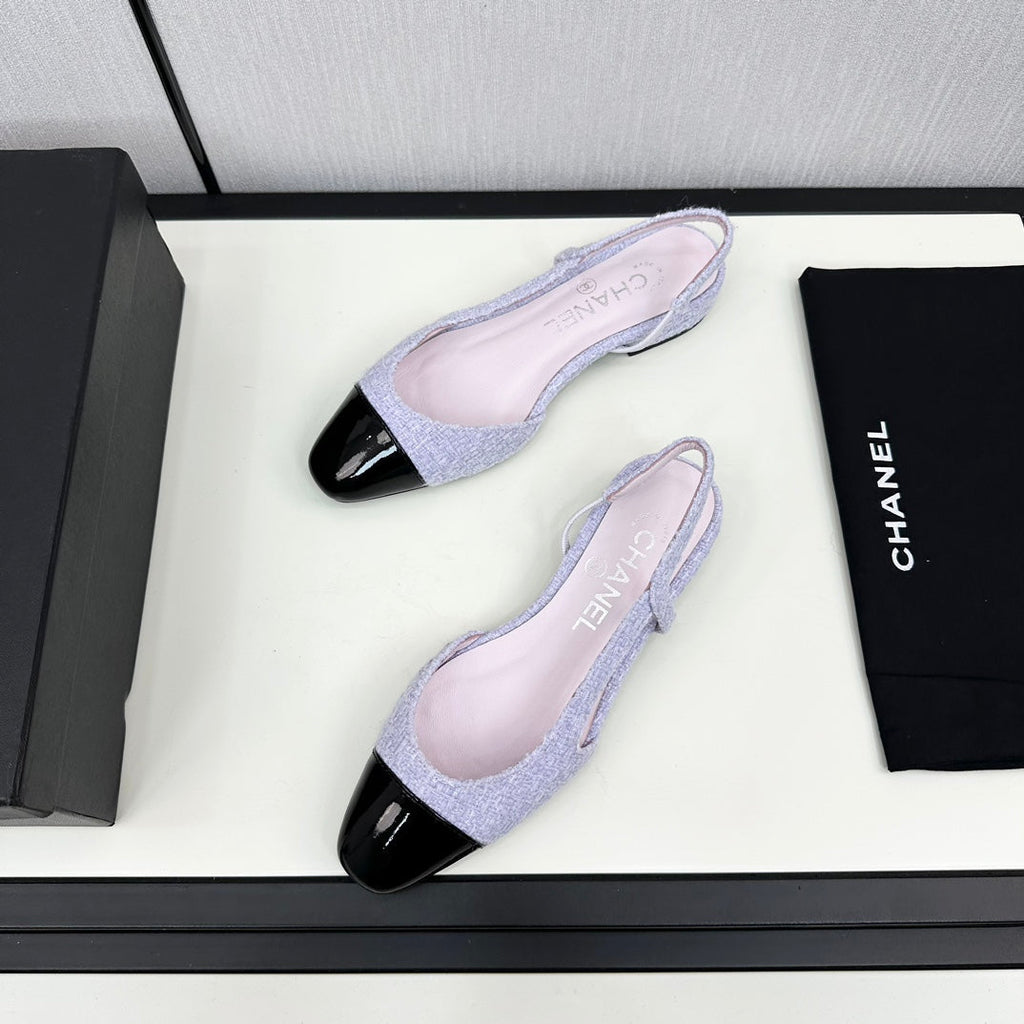 CHANEL SLINGBACK LIGHT BLUE TWEED AND BLACK CALFSKIN