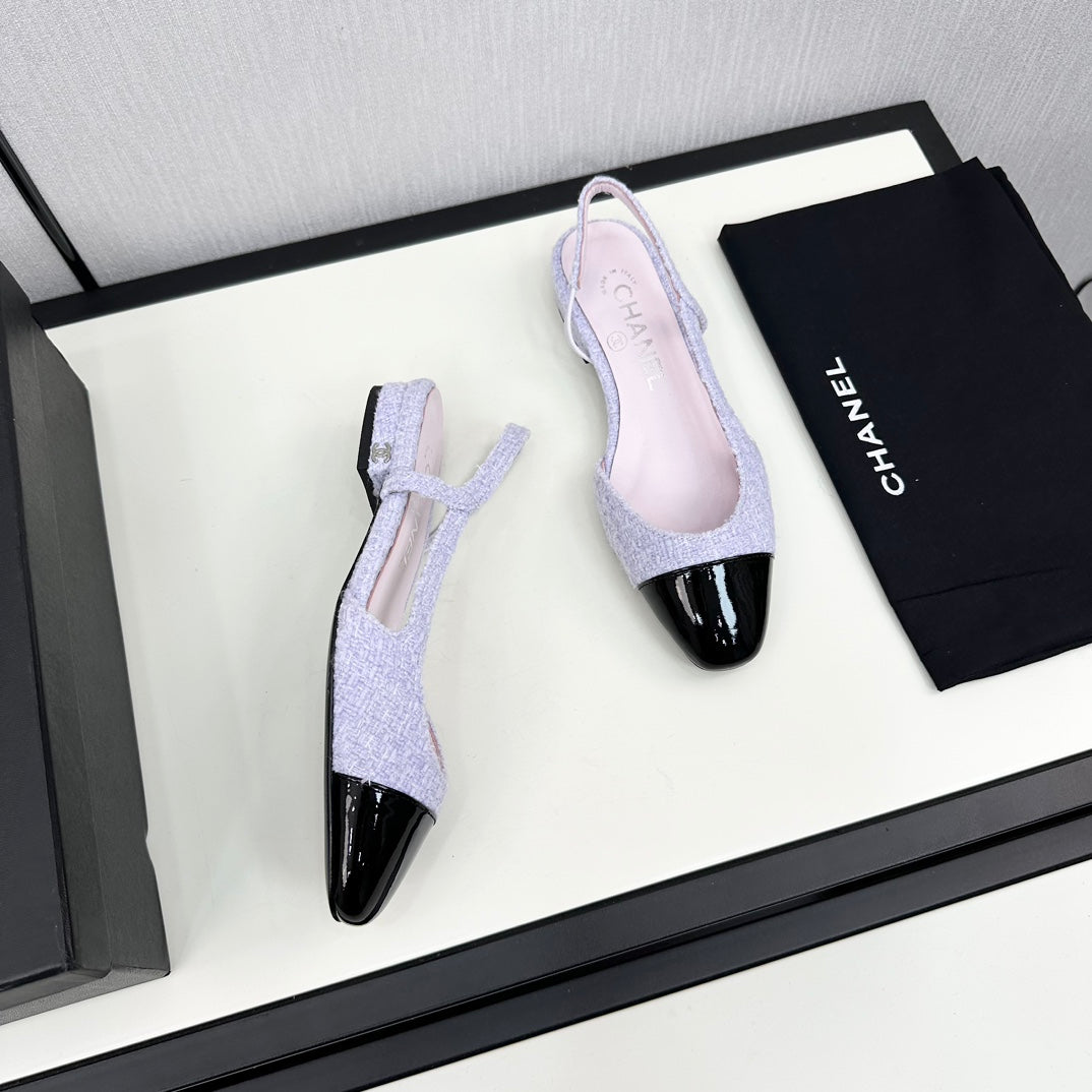 CHANEL SLINGBACK LIGHT BLUE TWEED AND BLACK CALFSKIN