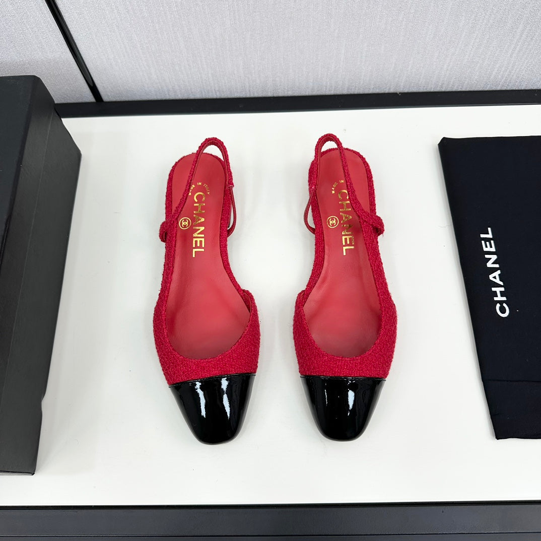 CHANEL SLINGBACK ROSE RED TWEED AND BLACK CALFSKIN