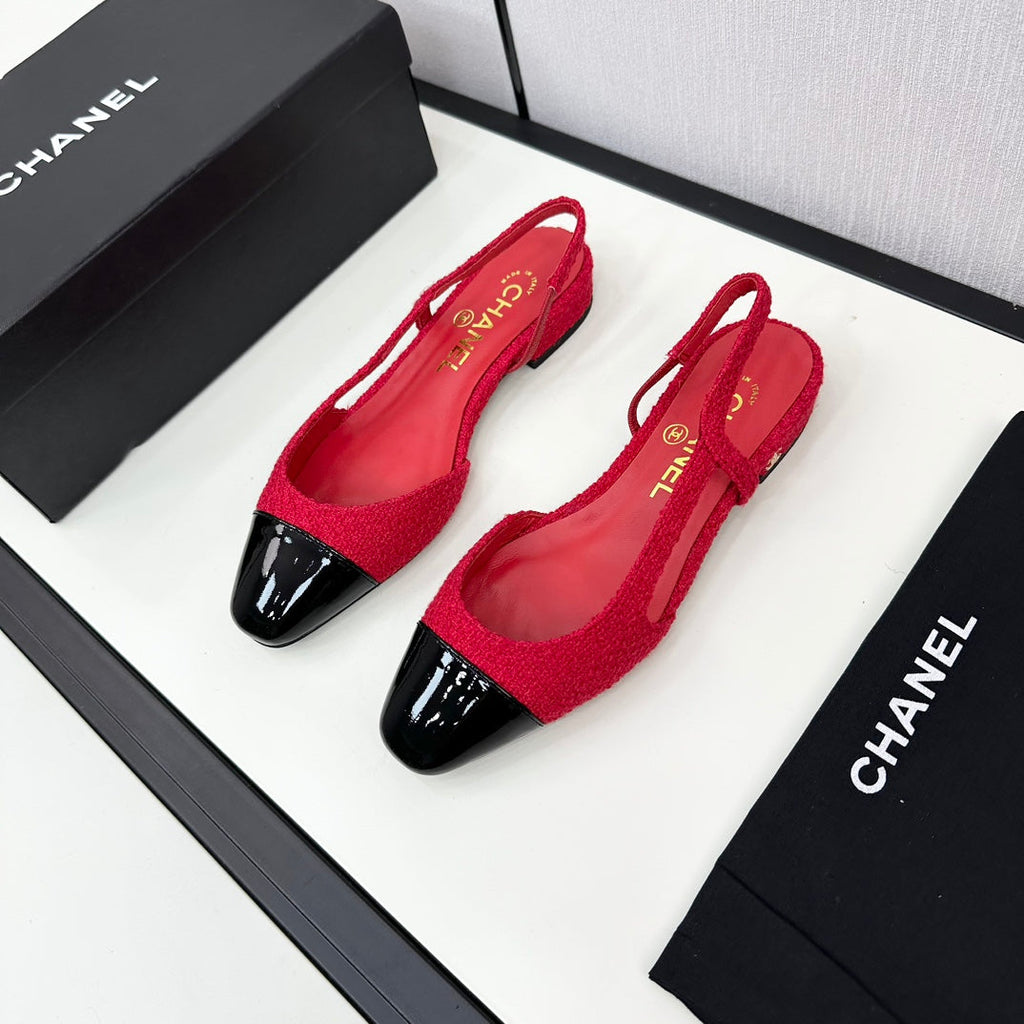 CHANEL SLINGBACK ROSE RED TWEED AND BLACK CALFSKIN