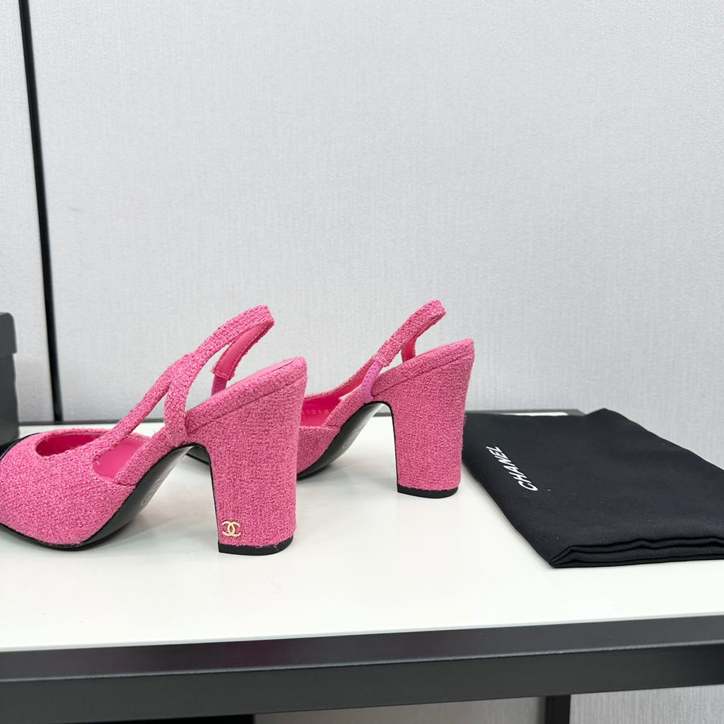 CHANEL HIGH SLINGBACK BRIGHT PINK TWEED AND BLACK CALFSKIN