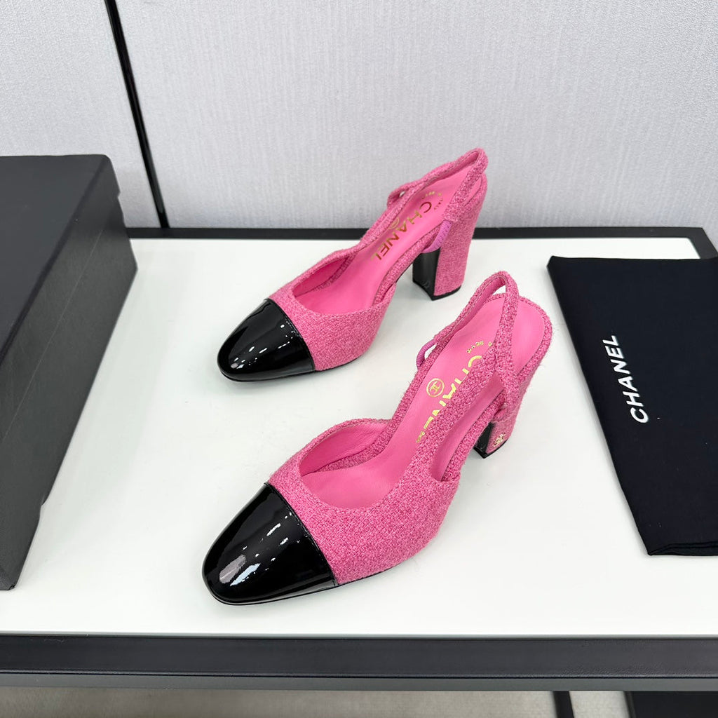CHANEL HIGH SLINGBACK BRIGHT PINK TWEED AND BLACK CALFSKIN