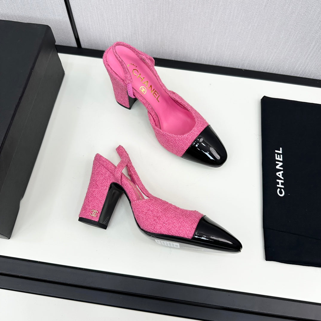 CHANEL HIGH SLINGBACK BRIGHT PINK TWEED AND BLACK CALFSKIN