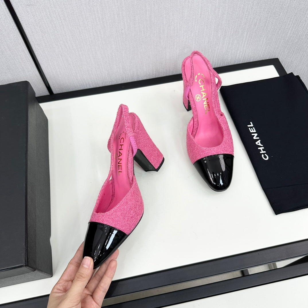 CHANEL HIGH SLINGBACK BRIGHT PINK TWEED AND BLACK CALFSKIN