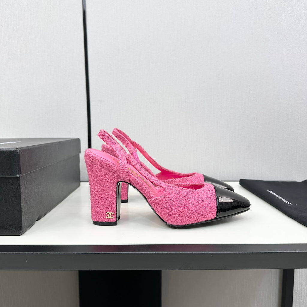 CHANEL HIGH SLINGBACK BRIGHT PINK TWEED AND BLACK CALFSKIN