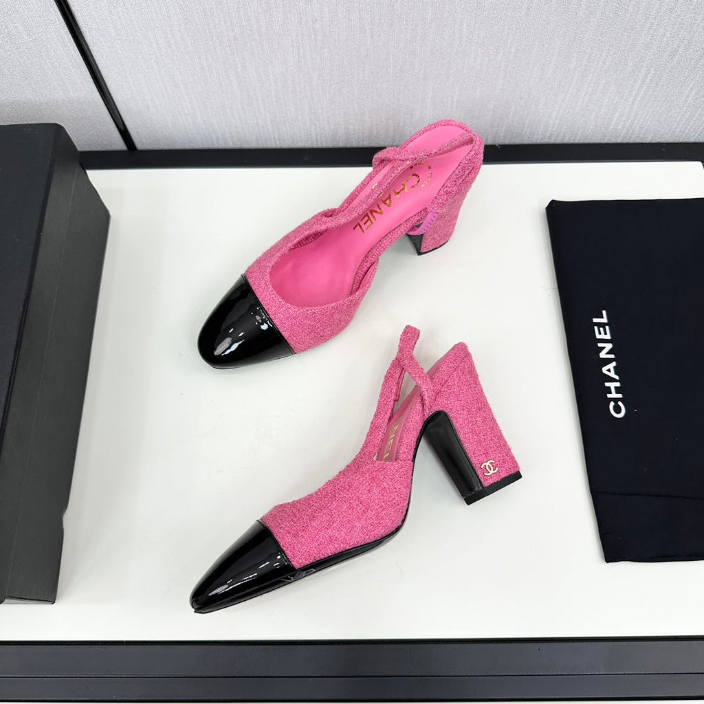 CHANEL HIGH SLINGBACK BRIGHT PINK TWEED AND BLACK CALFSKIN