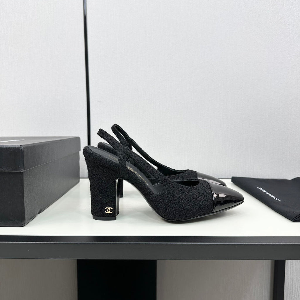 CHANEL HIGH SLINGBACK BLACK TWEED AND CALFSKIN
