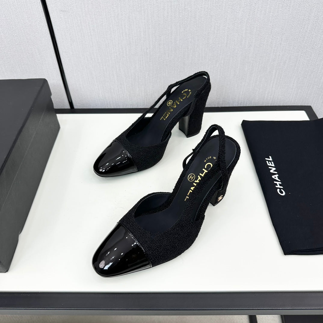 CHANEL HIGH SLINGBACK BLACK TWEED AND CALFSKIN