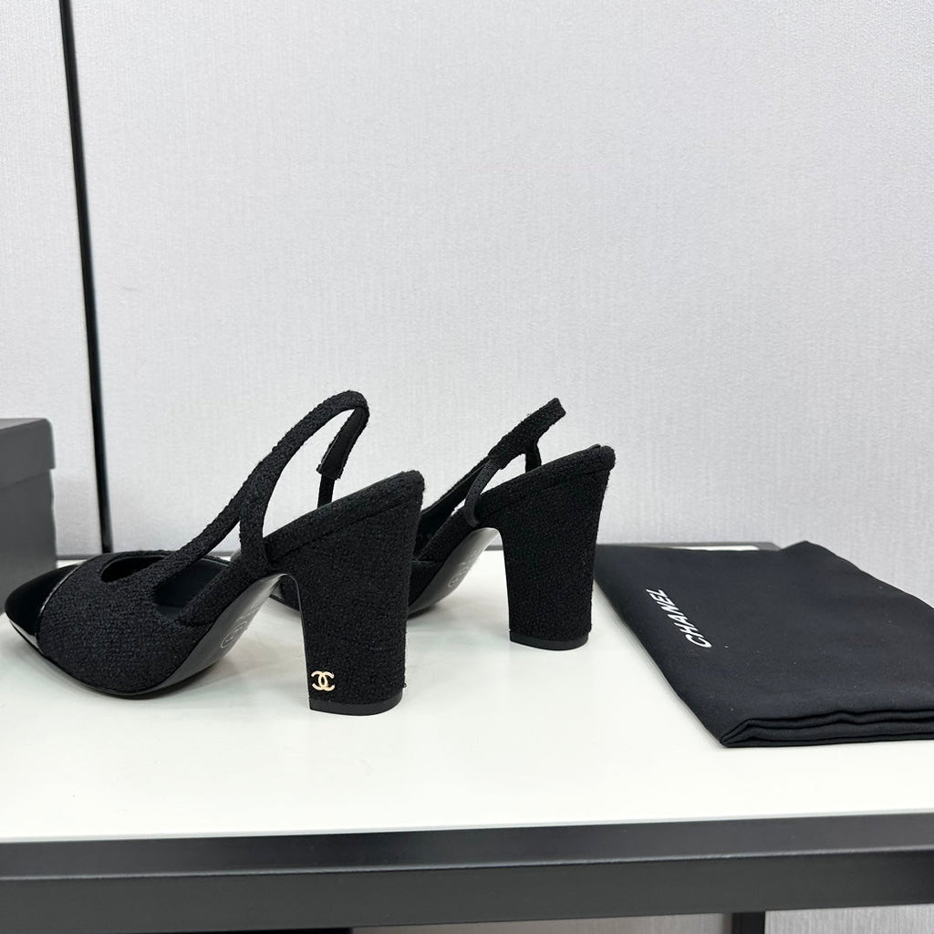 CHANEL HIGH SLINGBACK BLACK TWEED AND CALFSKIN