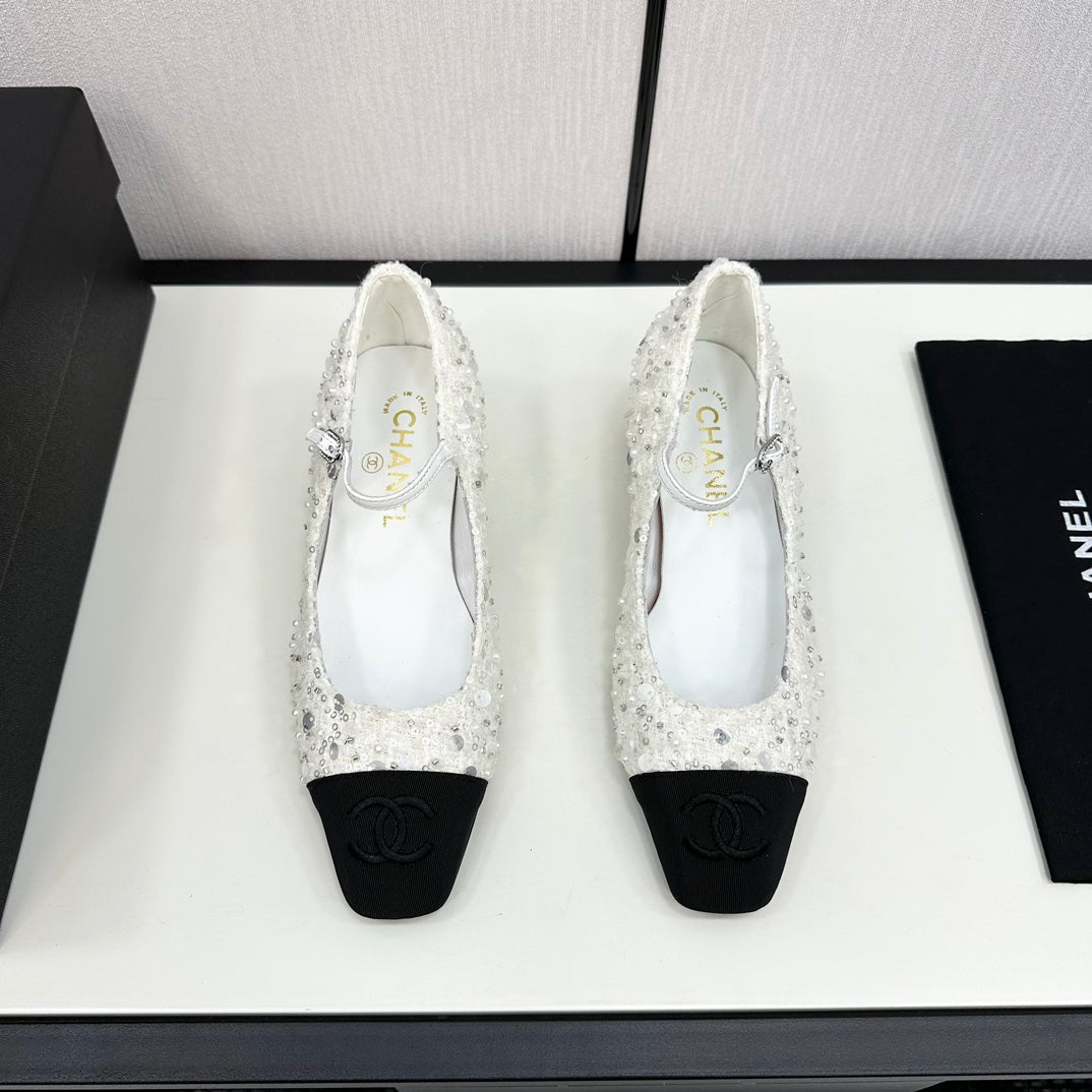 CHANEL MARY JANE IN BLACK MIX WHITE SEQUINS AND VELVET