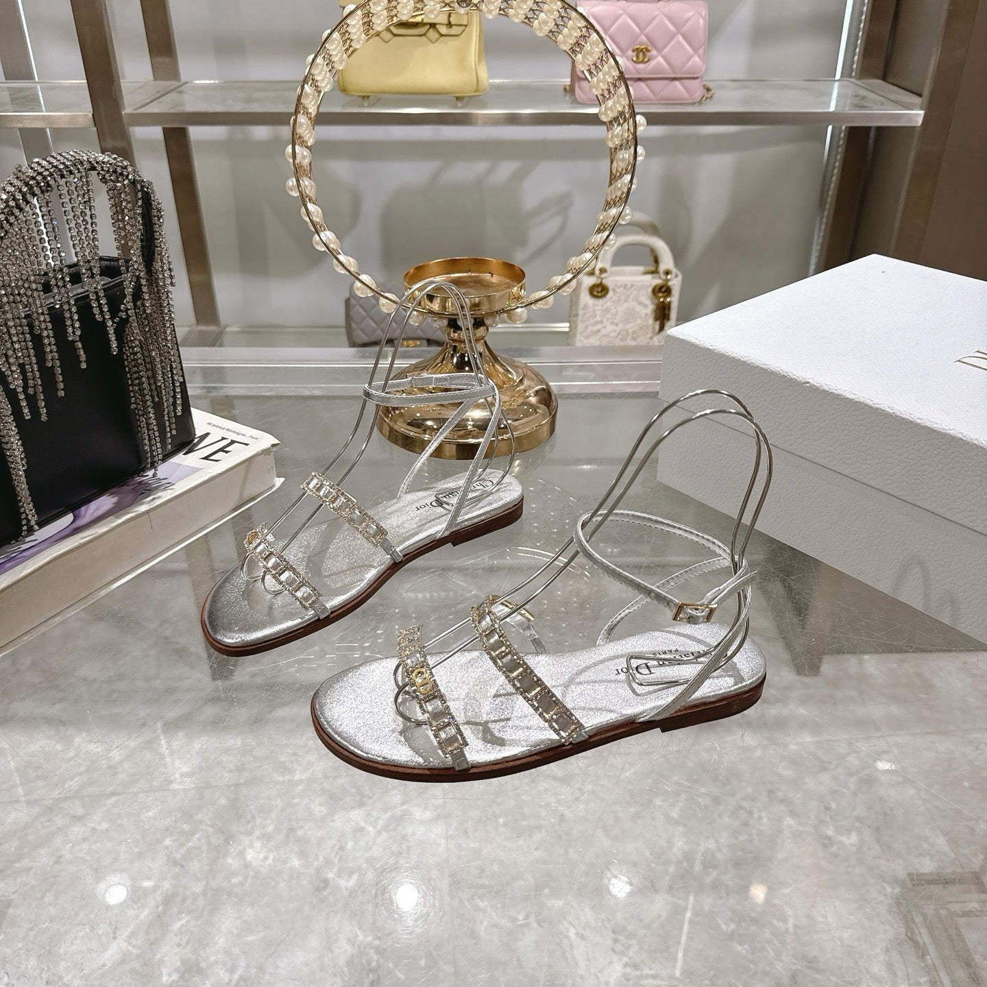 DIOR FLAT SANDALS 25S IN SILVER CALFSKIN RHINESTONES STRAP