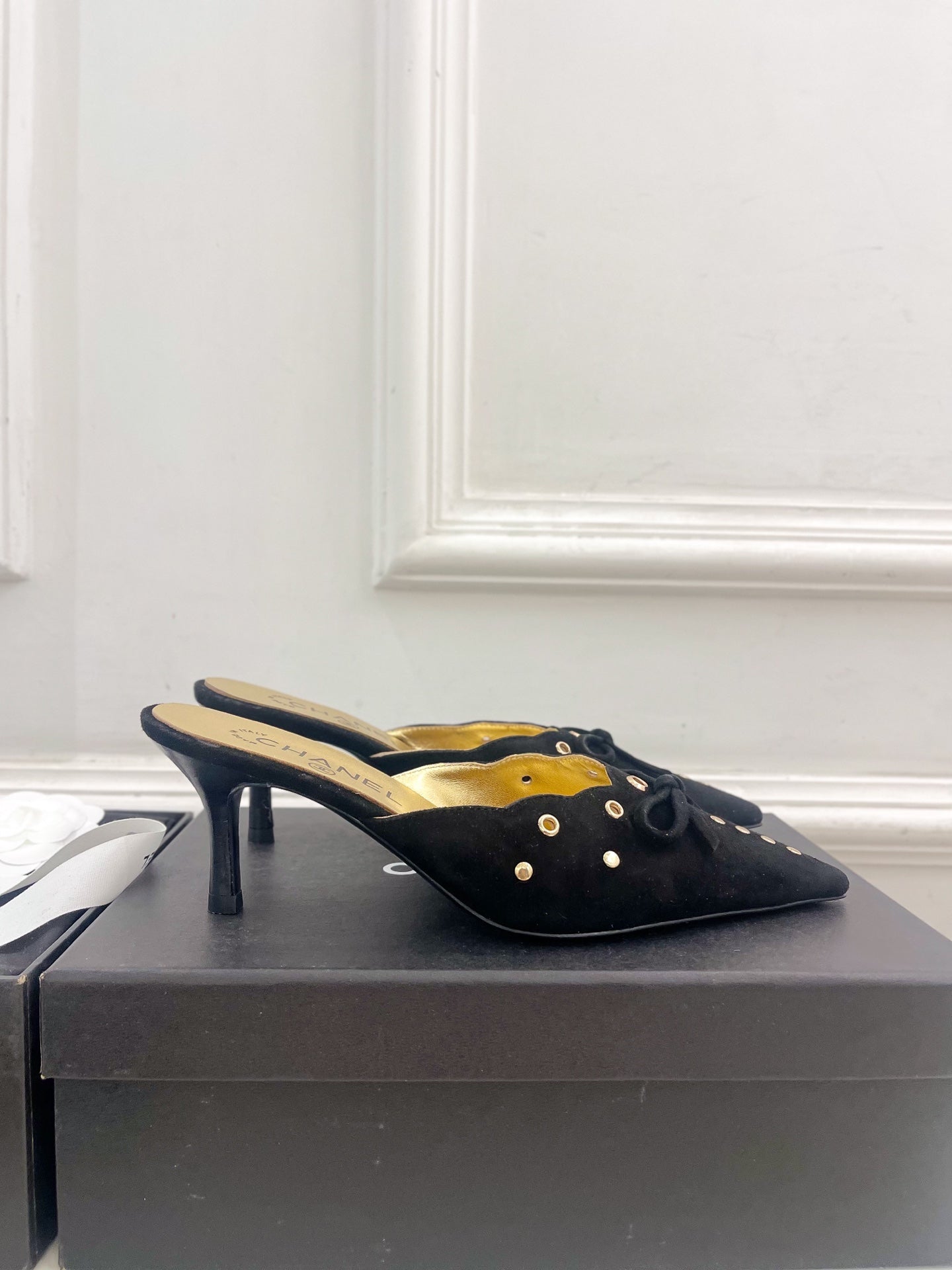 CHANEL HIGH 65 MM MULE IN BLACK SUEDE