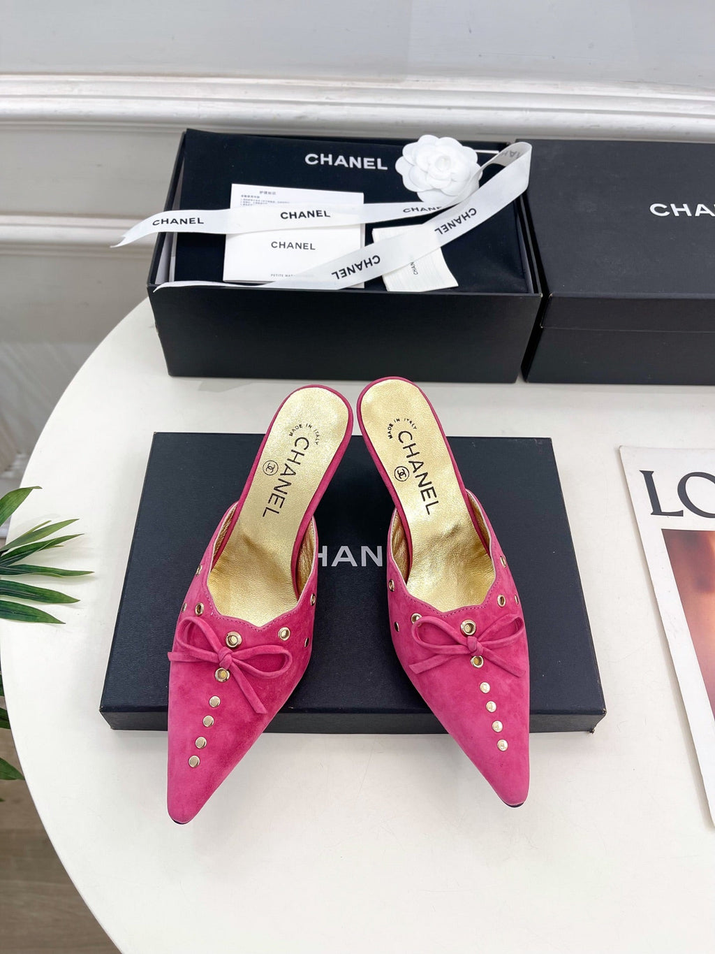 CHANEL HIGH 65 MM MULE IN DEEP PINK SUEDE