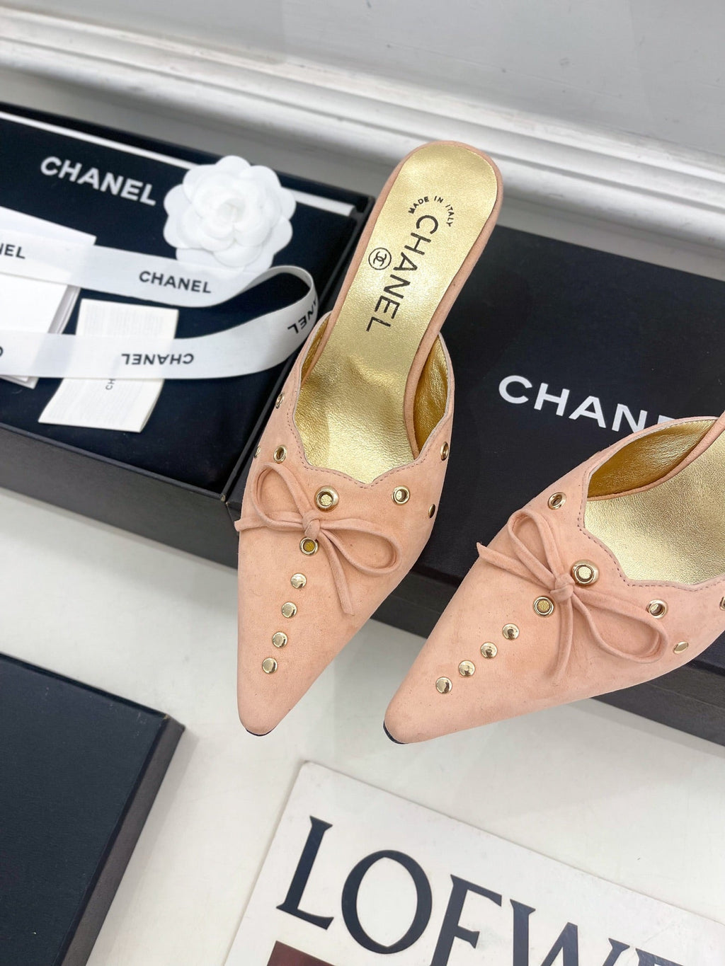 CHANEL HIGH 65 MM MULE IN PEACH PINK SUEDE