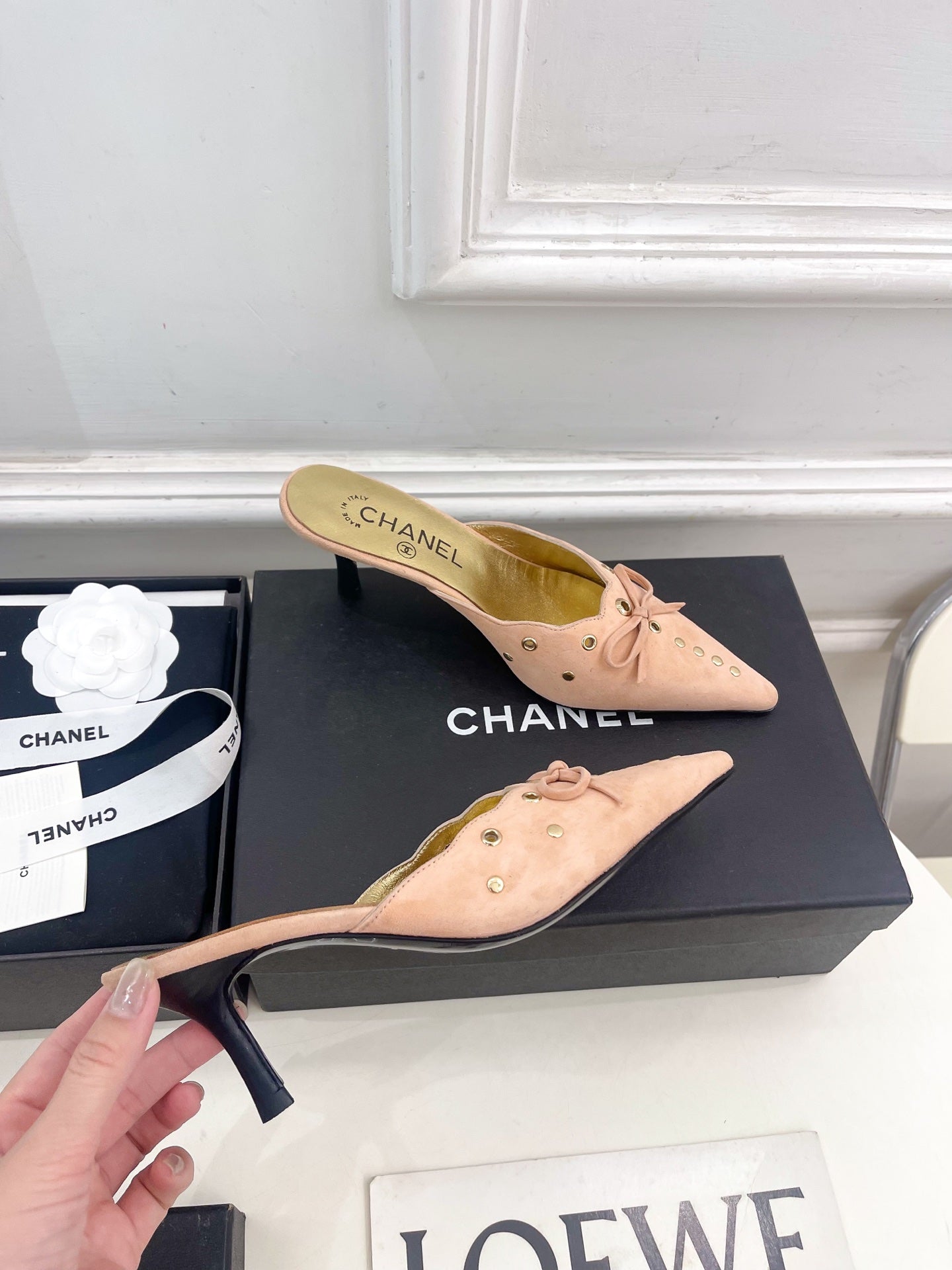 CHANEL HIGH 65 MM MULE IN PEACH PINK SUEDE