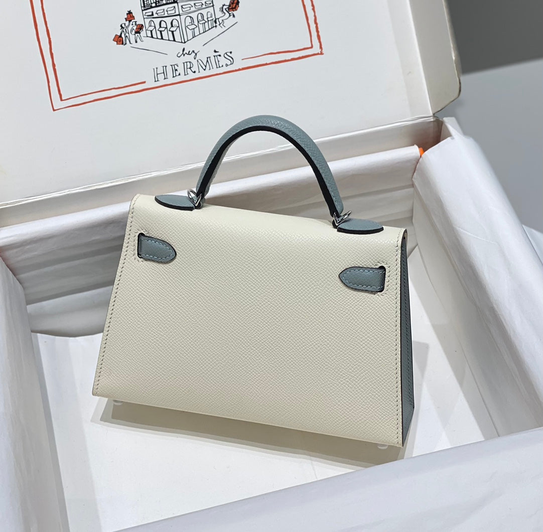 HERMES KELLY MINI 20 WHITE GLACIER GRAY EPSOM SILVER HARDWARE