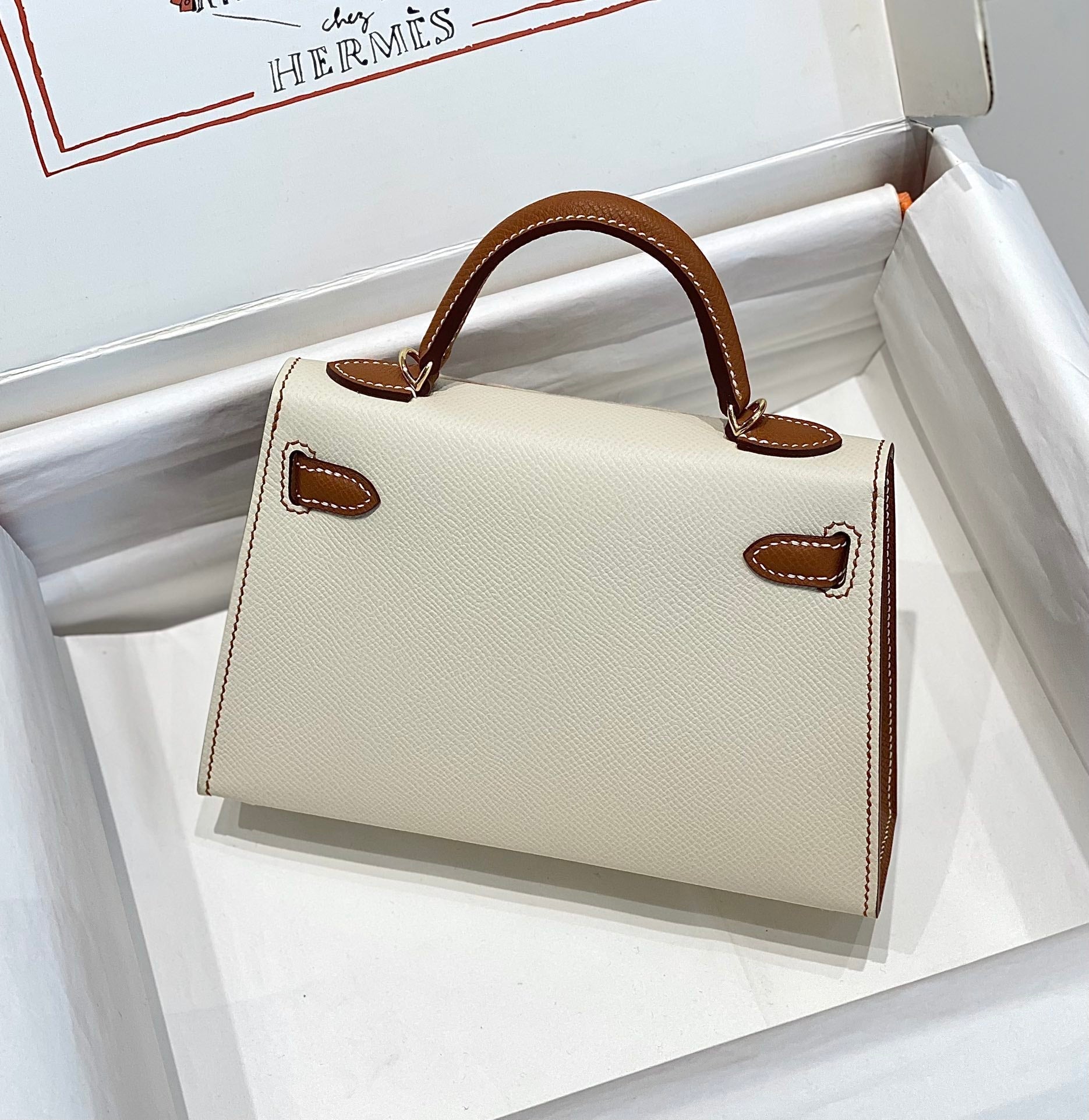 HERMES KELLY MINI 20 WHITE GOLDEN BROWN EPSOM GOLD HARDWARE
