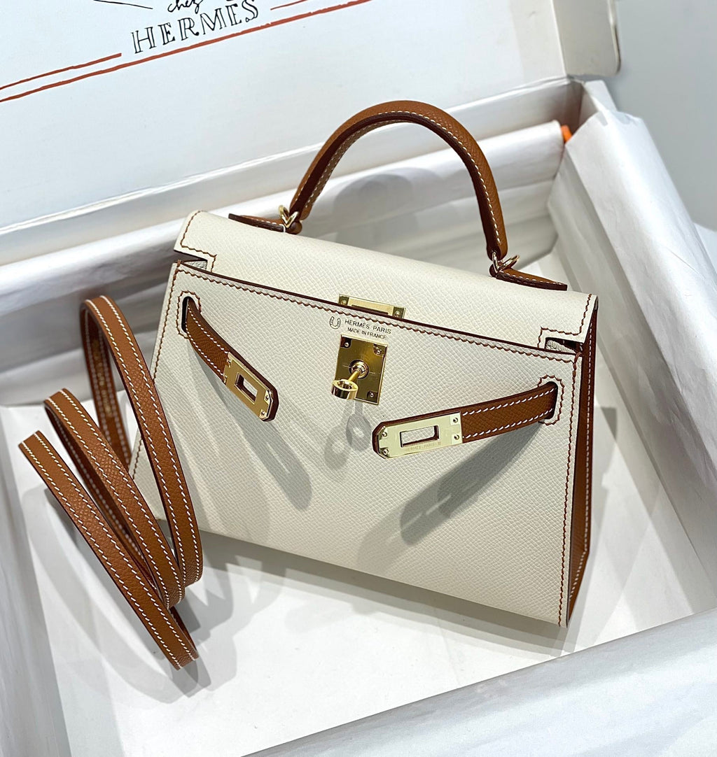 HERMES KELLY MINI 20 WHITE GOLDEN BROWN EPSOM GOLD HARDWARE