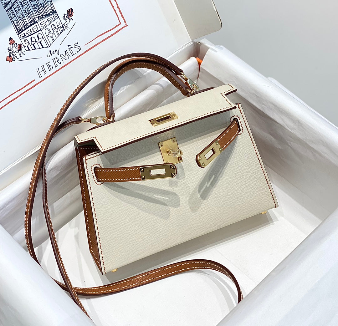 HERMES KELLY MINI 20 WHITE GOLDEN BROWN EPSOM GOLD HARDWARE