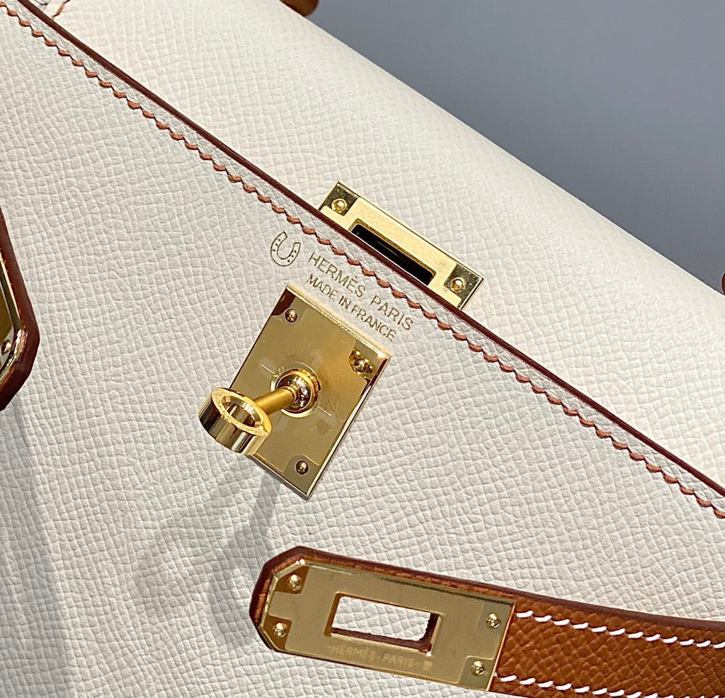 HERMES KELLY MINI 20 WHITE GOLDEN BROWN EPSOM GOLD HARDWARE
