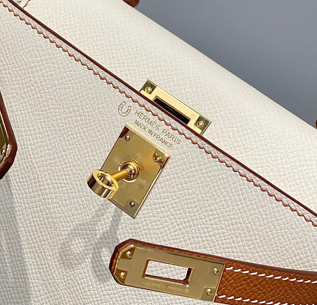 HERMES KELLY MINI 20 WHITE GOLDEN BROWN EPSOM GOLD HARDWARE