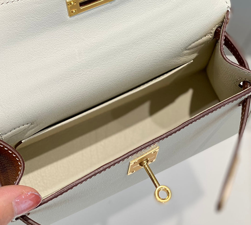 HERMES KELLY MINI 20 WHITE GOLDEN BROWN EPSOM GOLD HARDWARE